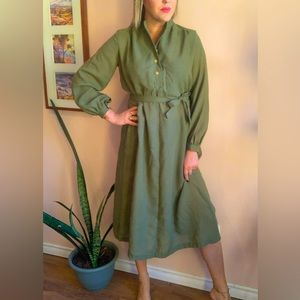 Vintage 70's 'The 1300 Collection - Holt Renfrew' Army Green Belted Shift Dress